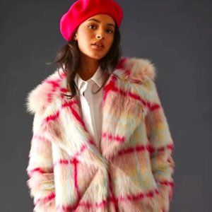 Anthropologie NVLT Faux Fur Long Coat Tartan Fuchsia Plaid Sz XL *NEW* $340